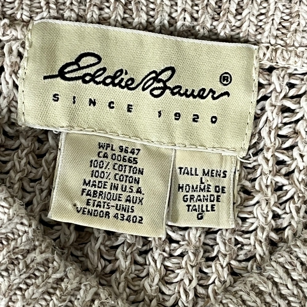 Eddie Bauer Mens Large Tall Cotton Henley Sweater Beige Oatmeal Marl Made in USA - Picture 4 of 7